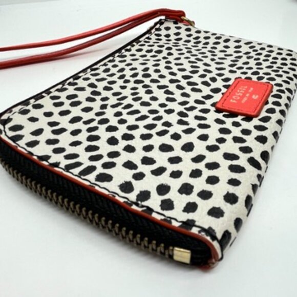 3/$30 FOSSIL DOT PRINT PATTERN WRISTLET WALLET CREAM BLACK HOT PINK PLEATHER - Picture 5 of 16